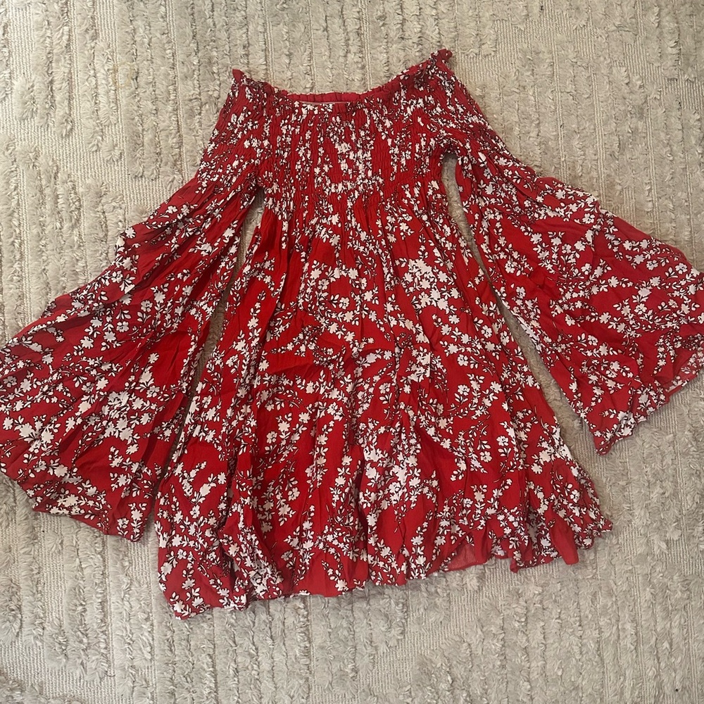 VICI Floral Red Women's Off The Shoulder Bell Sleeve Baby Doll Mini Dress
